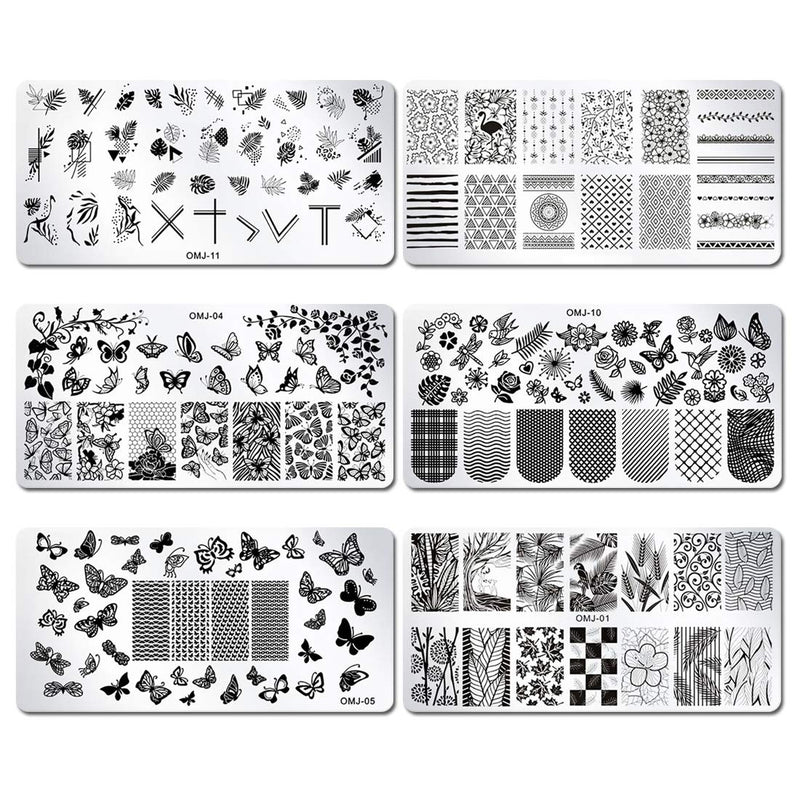 SILPECWEE 6Pcs Nail Plates Stamping Set Flower Butterfly Acrylic Nail Template Image Stencil Manicure Accessories Nail DIY Tools No1 - BeesActive Australia