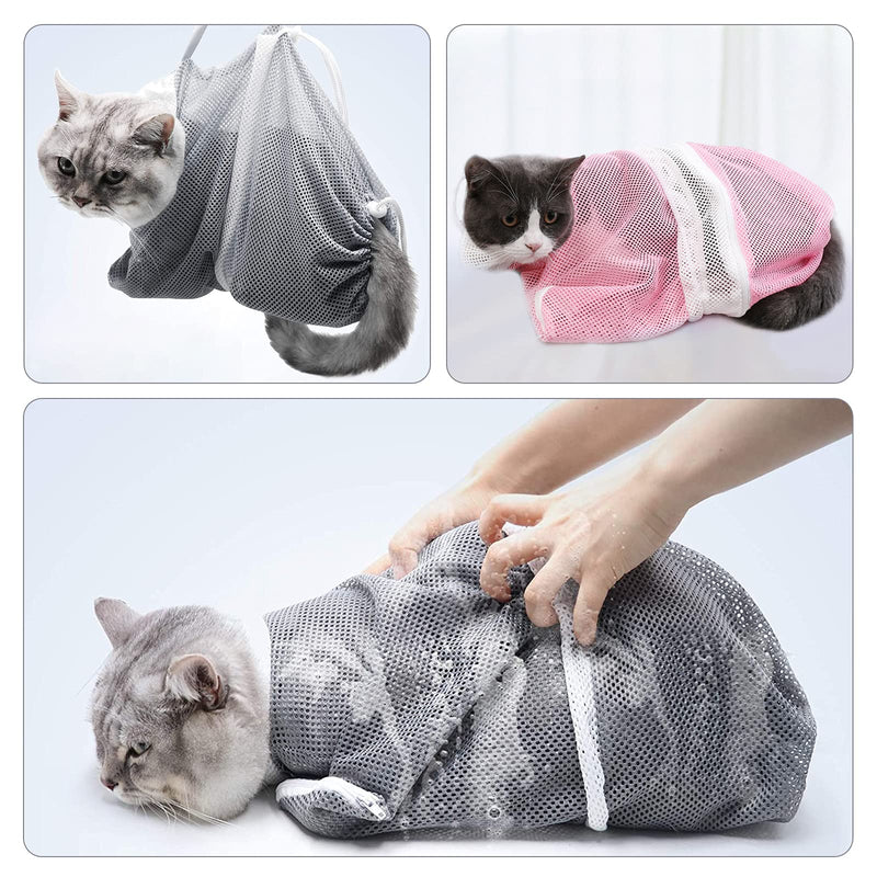 EOMTUR 2Pcs Cat Bathing Bag Cat Shower Bag Cat Washing Bag Cat Bathing Restraint Cat Grooming Bag Cat Restraint Bag Adjustable Cat Bag for Bathing (Gray & Pink) - BeesActive Australia
