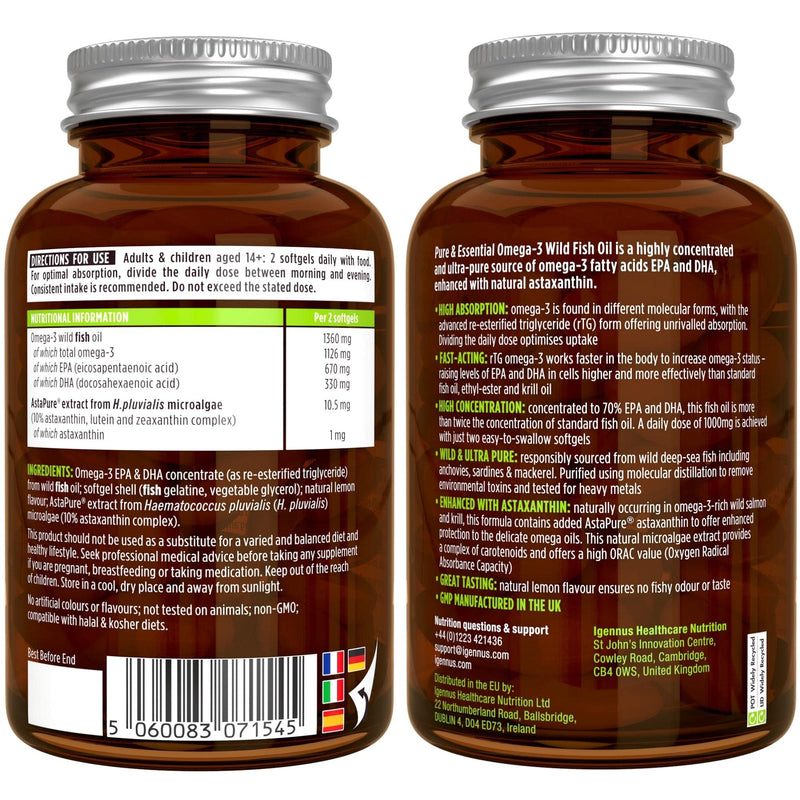 Omega-3 Wild Fish Oil & Astaxanthin, The Most Advanced High Absorption rTG Omega-3, EPA & DHA 1000mg, Ultra Pure; Free from Environmental Toxins, Lemon Flavour, 180 Softgels, by Igennus - BeesActive Australia