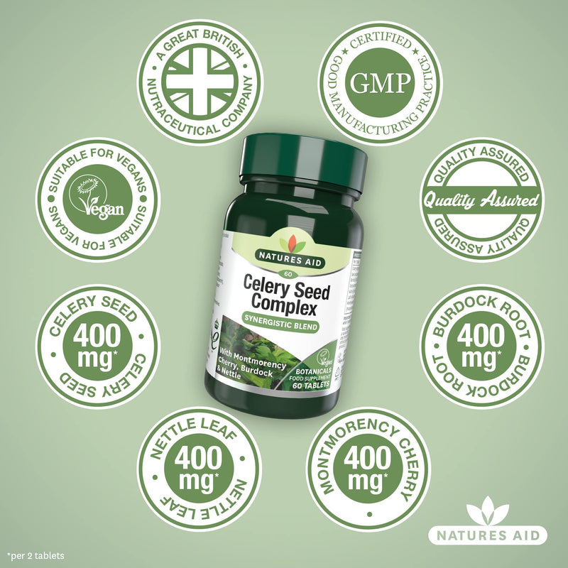 Natures Aid Celery Seed Complex, with Montmorency Cherry, Nettle & Burdock, Vegan Tablets, 60 Count (Pack of 2) 60 count (Pack of 2) - BeesActive Australia