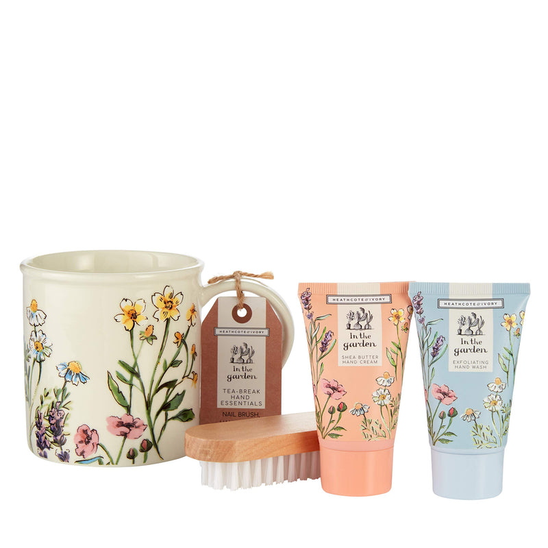 Heathcote & Ivory In The Garden Tea-Break Hand Essentials Gift Set With Exfoliating Hand Wash, Hand Cream, Nail Brush and Ceramic Mug, 0.48 kg - BeesActive Australia