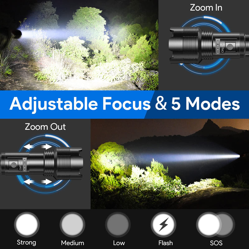 2 Pack Rechargeable LED Tactical Flashlights High Lumens, MoreZra 8000 Lumens Super Bright LED Flash Light, IPX5 Waterproof, Zoomable, 5 Modes Handheld Flashlight Gear for Camping, Emergency, Home - BeesActive Australia