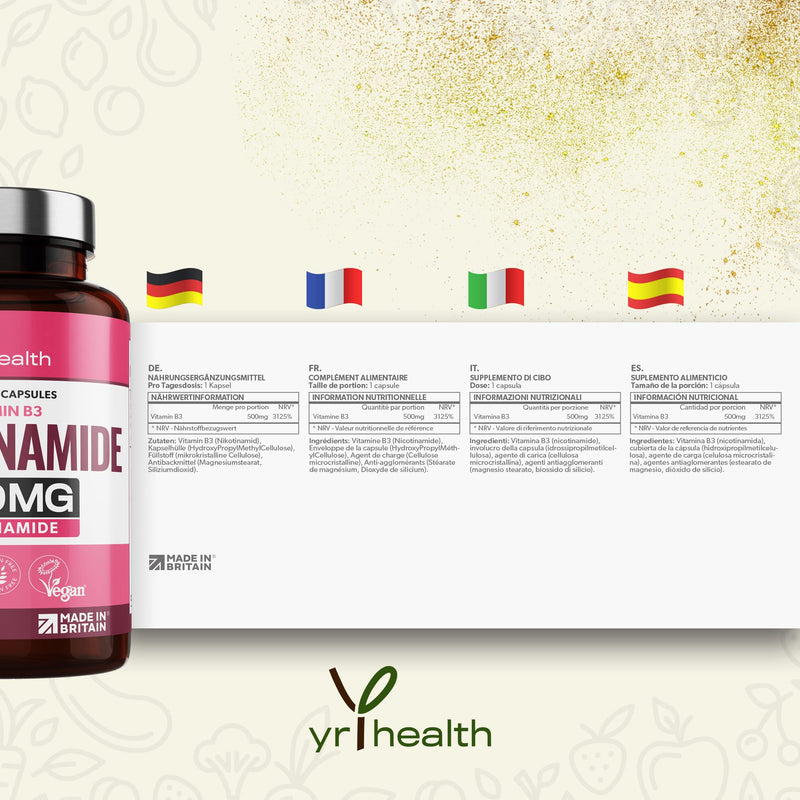 Vitamin B3 Nicotinamide, Niacinamide 500mg - 90 Vegan Niacin B3 Capsules Flush Free, for Skin, Energy Yielding Metabolism, Tiredness & Fatigue, One A Day, 3 Months Supply - Made in The UK by YrHealth - BeesActive Australia