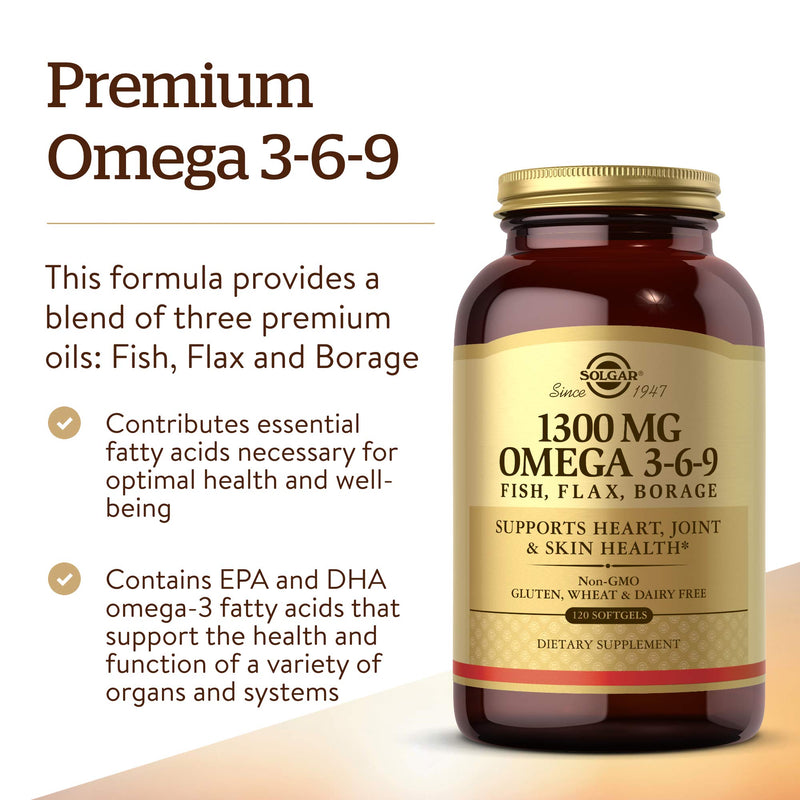 Solgar Omega 3-6-9 Softgels - Pack of 120 - Blend of Premium Fish, Flax and Borage Oils � Specially formulated ratio - Molecularly distilled to remove mercury, PCBs and heavy metal contaminants - BeesActive Australia