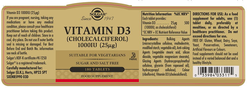 Solgar Vitamin D3 (Cholecalciferol) 1000 IU (25 �g) Tablets - Food Supplement, Pack of 180 Capsules - For Healthy Bones, Teeth and Muscle Function - Supports Immunity - Gluten Free Unflavoured 180 Count (Pack of 1) - BeesActive Australia