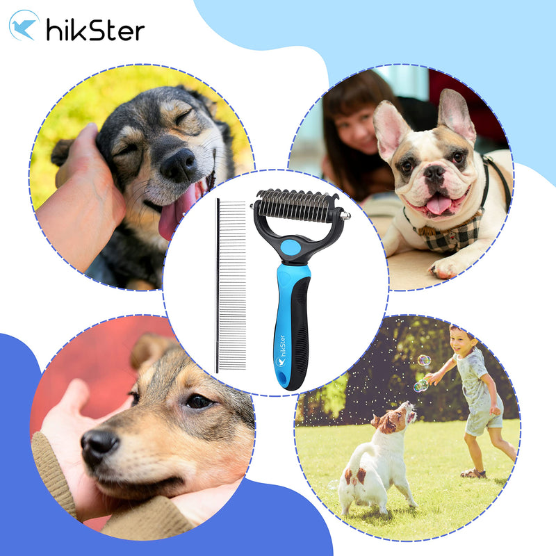 Hikster Undercoat Rake for Dogs & Cats with Pet Comb, Pet Grooming Brush, Double-Sided Dog Deshedding Tool Removes Knot & Tangled Hair, Dematting Comb for Dogs with Dog Comb for Grooming (Set, Blue) - BeesActive Australia