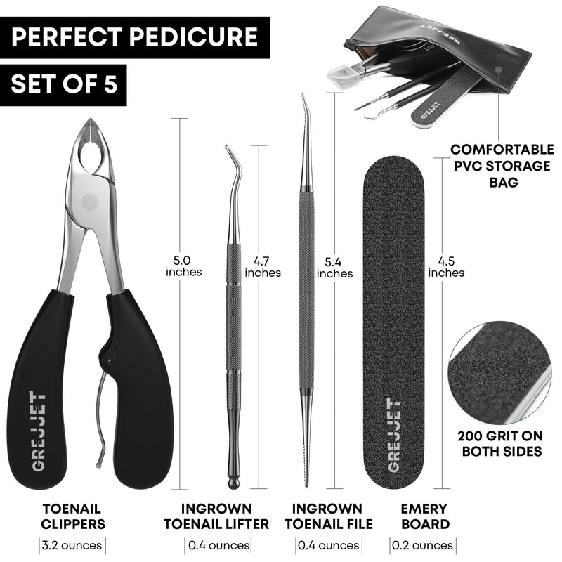 GREJJET Professional Grade Toe Nail Clippers Set – Toe Nail Clipper for Ingrown or Thick Toenails – Ingrown Toenail Tool, Lifter, Emery Board, PVC Bag, and Gift Box - Sharp Blades - BeesActive Australia