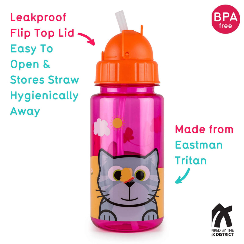 TUM TUM Flip Top Kids Water Bottle with Straw, Tritan Kids Drinks Bottle, 400ml, BPA Free (Cat) Bluebell - BeesActive Australia