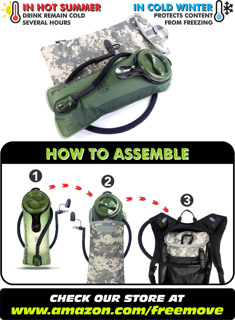 FREEMOVE 2L or 3L Hydration Bladder with a Cooler Bag, Keeps Drink Cool and Protects Bladder or Replacement Bite Valve, Leak Proof Water Reservoir, Tasteless TPU, Quick Release Tube and Shutoff Valve 2L Camo Green - BeesActive Australia