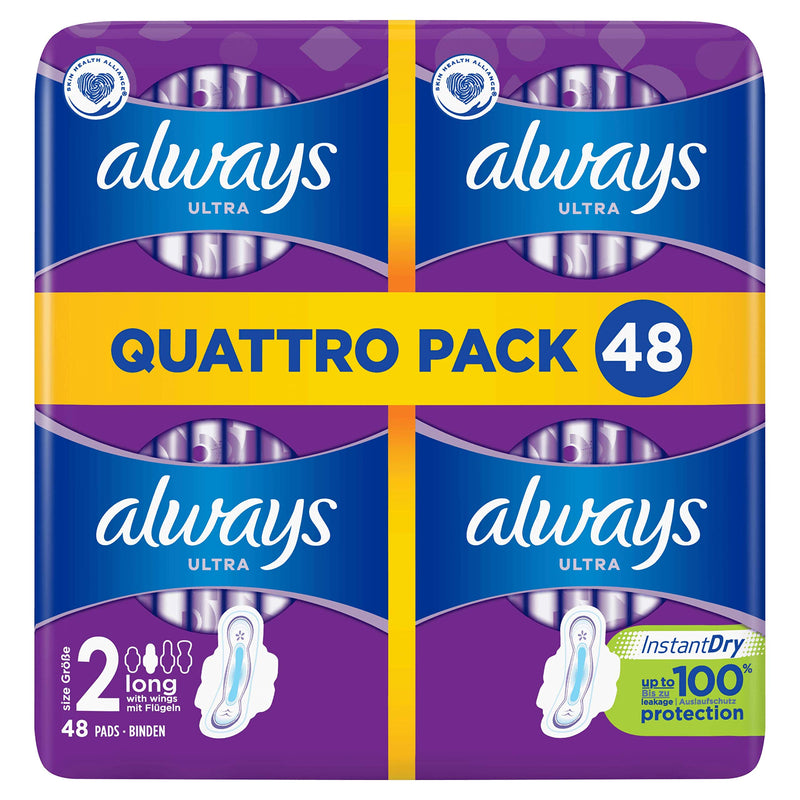 Always Ultra Long Sanitary Towels Wings, Neutralises Odours, Ultra Thin, 48 Super Absorbent Pads, Size 2 - BeesActive Australia
