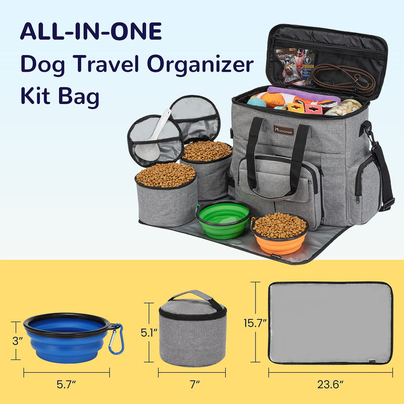 Modoker Dog Travel Bag with Dog Backpack, Airline Approved Pet Travel Bag with Shoulder Strap, 2 Collapsible Dog Bowls, 2 Travel Dog Food Container Grey - BeesActive Australia