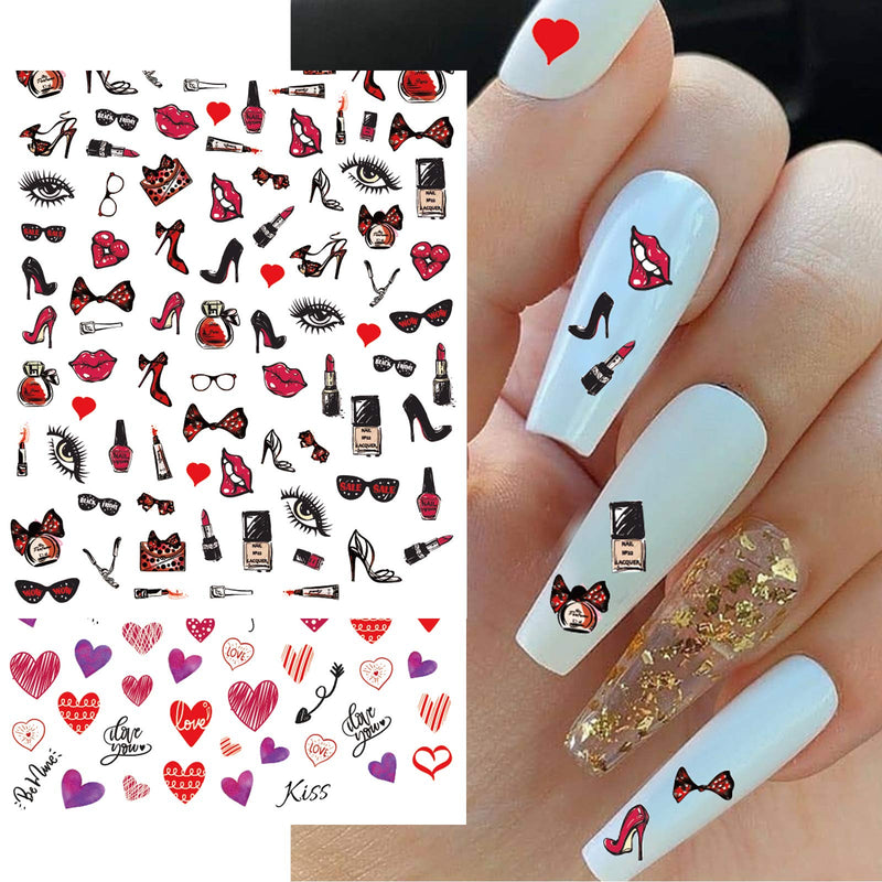 3D Valentine's Day Nail Art Stickers 7 Sheets Valentines Nail Art Accessories Decals Self-adhesive Sexy Lips Heart Love Cupid Designs Sticker for Women Girls Cool Nail Arts DIY Decorations - BeesActive Australia