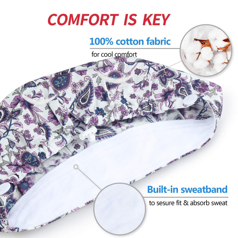Purefitinsoles Bouffant Caps with Buttons, Working Hats with Sweatband and Elastic Toggle Adjustment, One Size Fit All A-purple Feather - BeesActive Australia