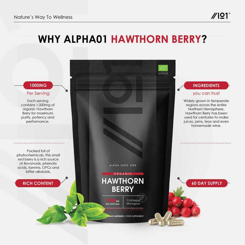 Organic Hawthorn Berry 1000mg - Pure & Potent Powder � Certified Organic, Non GMO, Gluten Free, Halal � 120 Vegan Capsules - BeesActive Australia