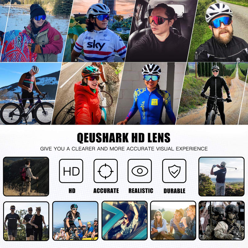 Queshark Cycling Sunglasses Bike Glasses for Men Women with 3 Lens Anti-UV400 Black - BeesActive Australia