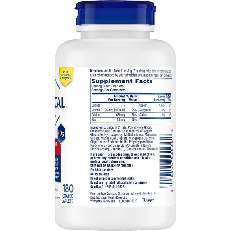 Citracal Maximum Plus Highly Soluble, Easily Digested, 630 mg Calcium Citrate With 1000 IU Vitamin D3, Bone Health Supplement for Adults, Caplets, 180 Count - BeesActive Australia