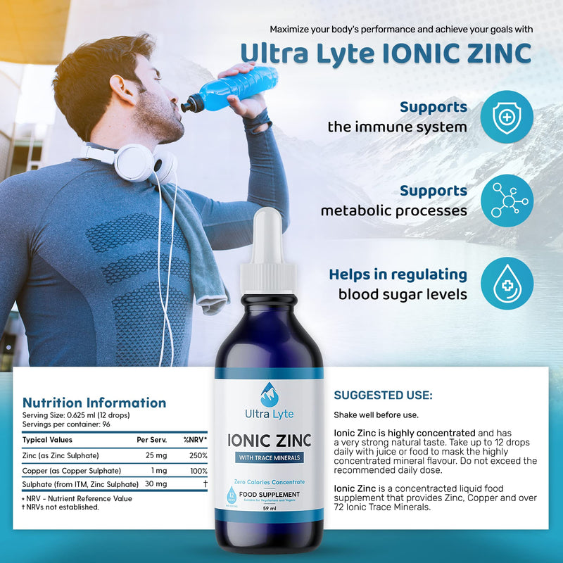 Ultra Lyte Ionic Zinc with Trace Minerals � 59ml Zinc Concentrate Food Supplement � Pure Non-GMO Vegan Friendly Formula � Supports Cognitive Performance, Muscle Growth, Immune System � Zero Calories - BeesActive Australia