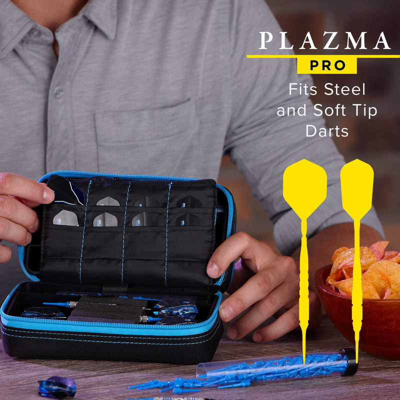 Casemaster Plazma Pro, 6 Dart Case for Soft and Steel Tip Darts, Features Large Front Mobile Device Pocket, Built-In Storage Tubes and Pockets for Flights, Tips, Shafts, and Personal Items Blue Trim - BeesActive Australia