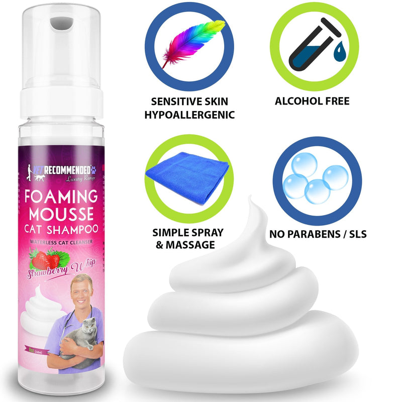 Vet Recommended Waterless Cat Shampoo Foaming Mouse - Strawberry Patch Scent (8 Oz/240 ml). for Sensitive Skin, Detergent and Alcohol Free. Helps in Cleaning, Conditioning & Moisturizing. Made in USA - BeesActive Australia