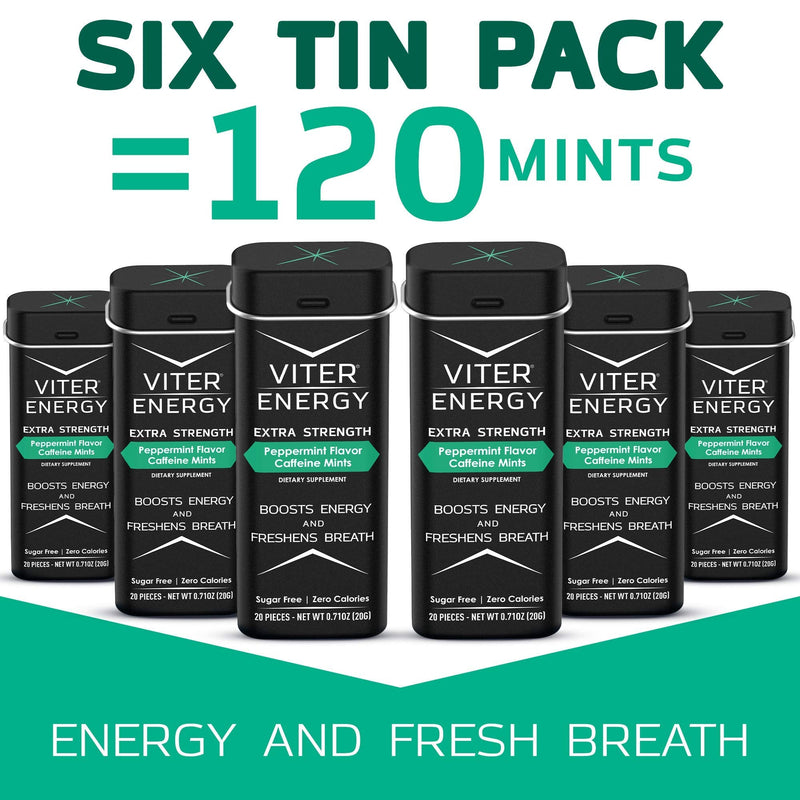Viter Energy Extra Strength Caffeinated Mints - 80mg Caffeine, B Vitamins, Sugar Free Vegan Breath Mint. Powerful Energizing Boost. 1 Mint Replaces 1 Coffee, Gum, Chews, Gummies (Peppermint, 6 Pack) Peppermint 20 Count (Pack of 6) - BeesActive Australia