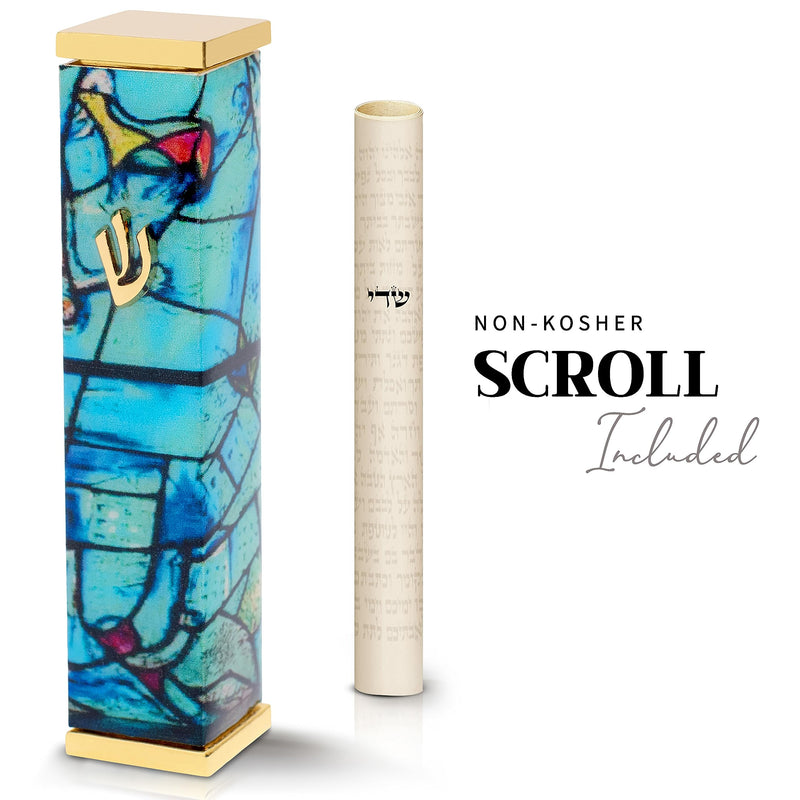 SURI Mezuzah Case - 4 Inch Modern Mezuzah for Door with Turquoise Marc Chagall Design, Made of 24K Gold-Plated Aluminum. Gift Box & a Non-Kosher Scroll are Included Turquoise & Gold - BeesActive Australia