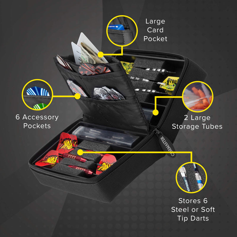 [AUSTRALIA] - Casemaster Classic Nylon Dart Carrying Case for Steel and Soft Tip Darts, Holds 6 Darts Numerous Other Accessories via Generous Storage Pockets, Tubes and Boxes 