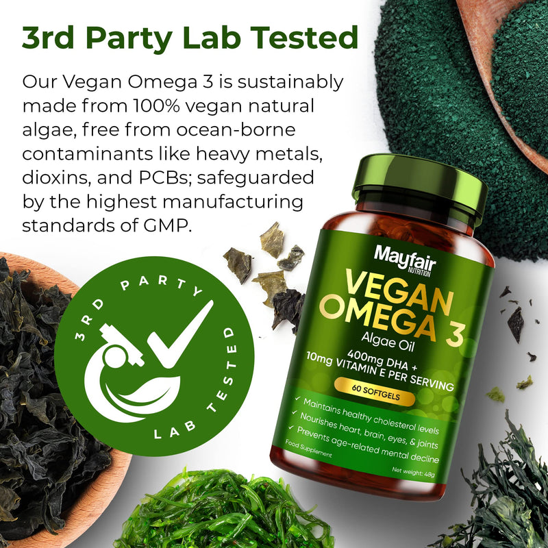 Vegan Omega 3 from Sustainable Algae Oil - 60 Vegan Capsules Rich in Algae Omega 3 Fatty Acids - 400mg DHA & 10mg Vitamin E Per Daily Serving - BeesActive Australia