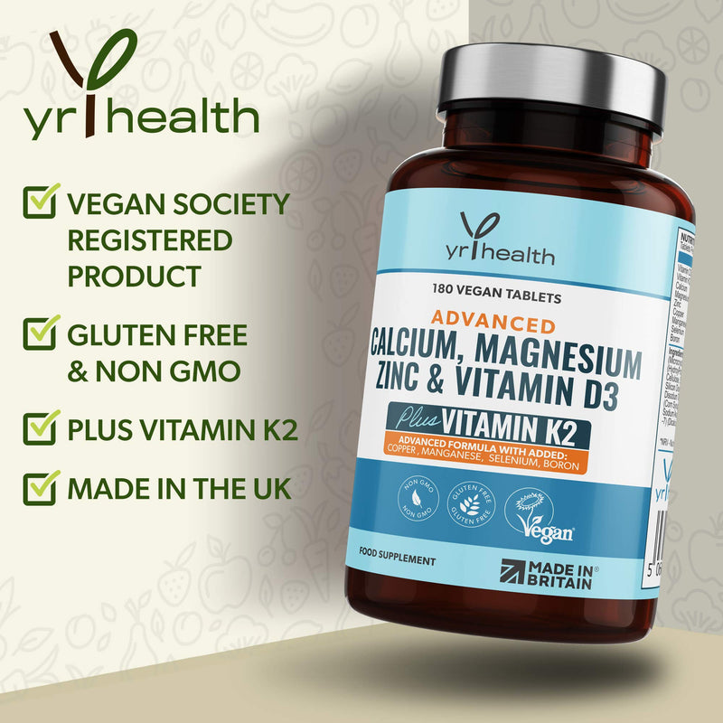 Calcium, Magnesium, Zinc and Vitamin D Plus Vitamin K2 MK-7 Tablets - Osteo Supplement - 180 Vegan Tablets not Capsules - Made in the UK by YrHealth - BeesActive Australia