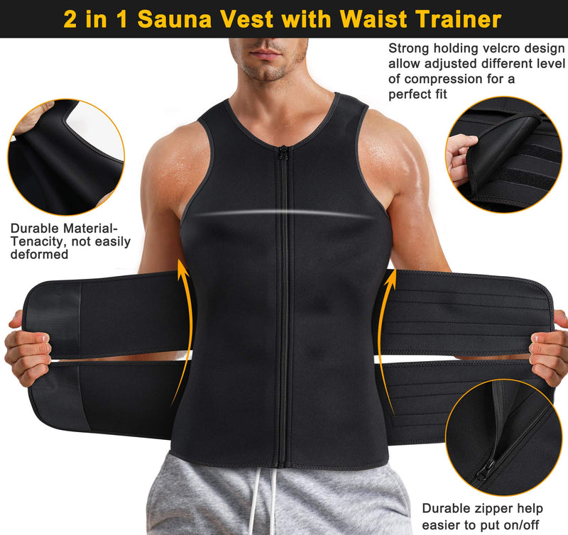 MOLUTAN Sauna Vest for Men with Waist Trainer Zipper Neoprene Sauna Sweat Suit Tank Top Workout Waist Trimmer Vest Black Small - BeesActive Australia