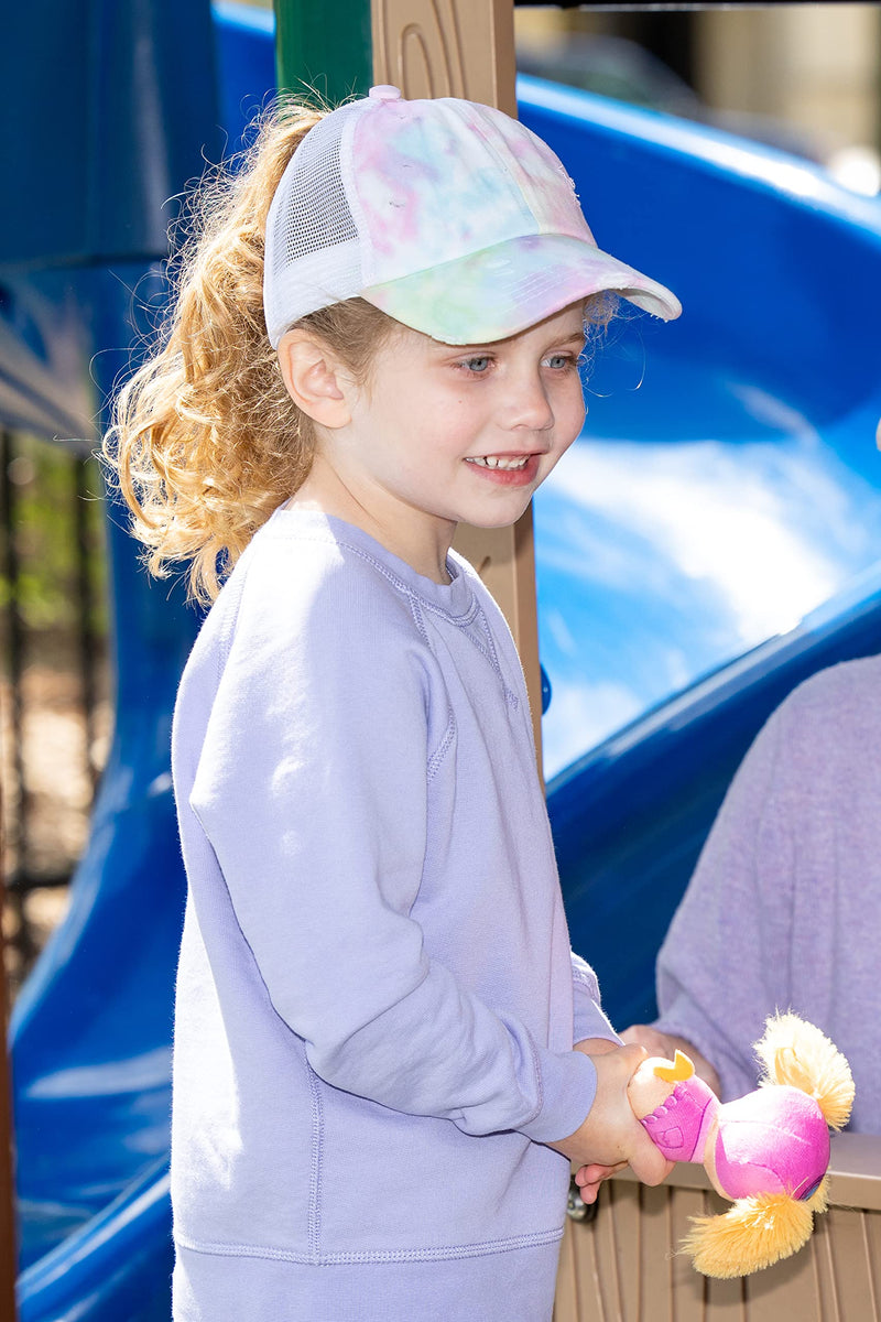 Funky Junque Girl's Criss Cross Hat Messy Bun High Ponytail Kids Baseball Cap 2 Pack: Tie Dye Baby Pink & Tie Dye Cotton Candy - BeesActive Australia