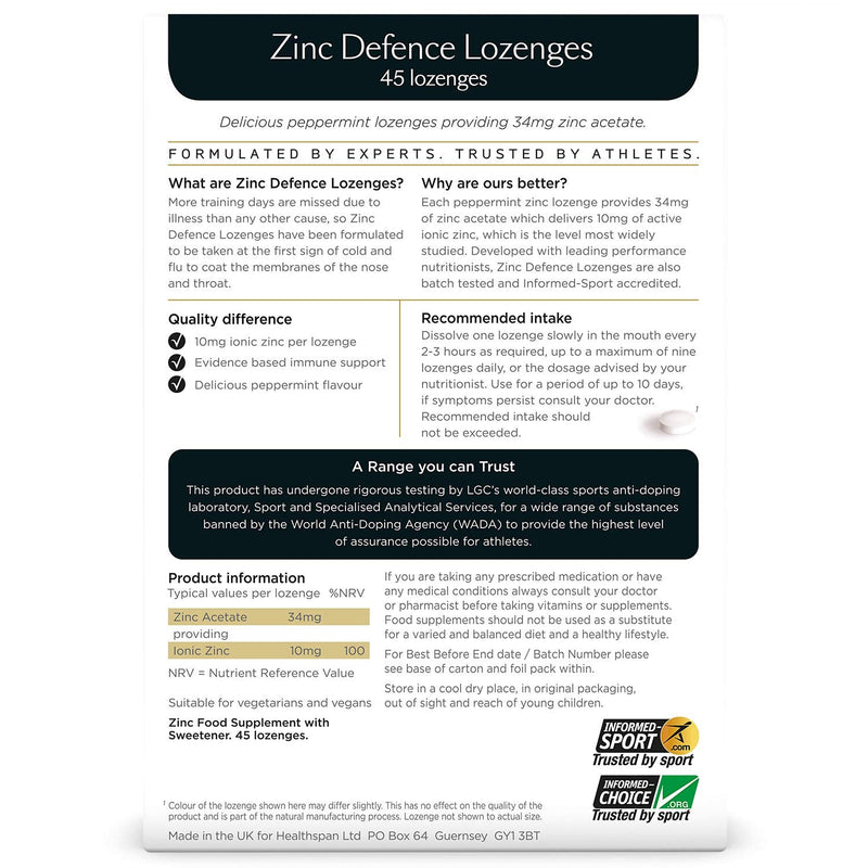 Healthspan Elite Zinc Defence Lozenges 34mg (45 Lozenges) | Providing 34mg Zinc Acetate | Immune Support | Cold & Flu | All Blacks Official Partner | Peppermint | Informed Sport Accredited | Vegan - BeesActive Australia