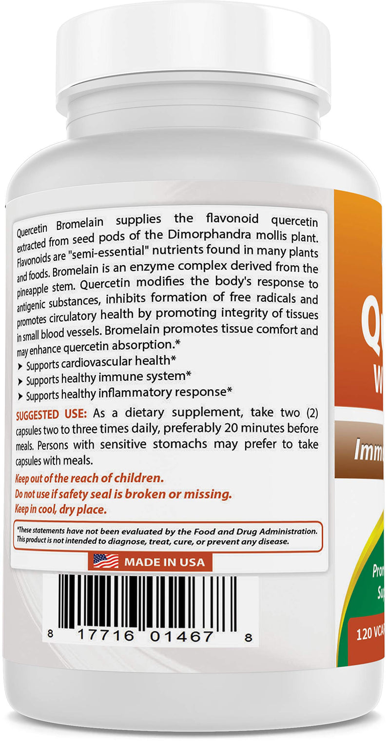 Best Naturals Quercetin with Bromelain Veggie Capsule - 800mg of Quercetin & 165 mg of Bromelain (2400 GDU/g), 120 Count 120 Count (Pack of 1) - BeesActive Australia