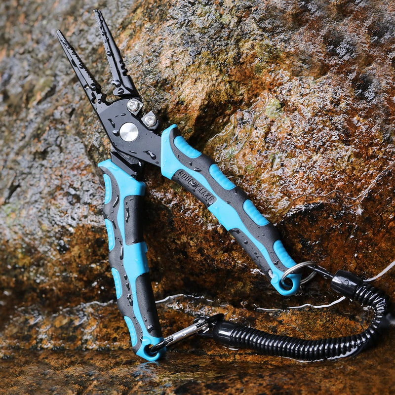 Sougayilang Fishing Pliers, 420 Stainless Steel Fishing Tools, Saltwater Resistant Fishing Gear with Rubber Handle, Sheath and Lanyard Tungsten Carbide Cutters 7'5'' Straight Nose-Blue - BeesActive Australia