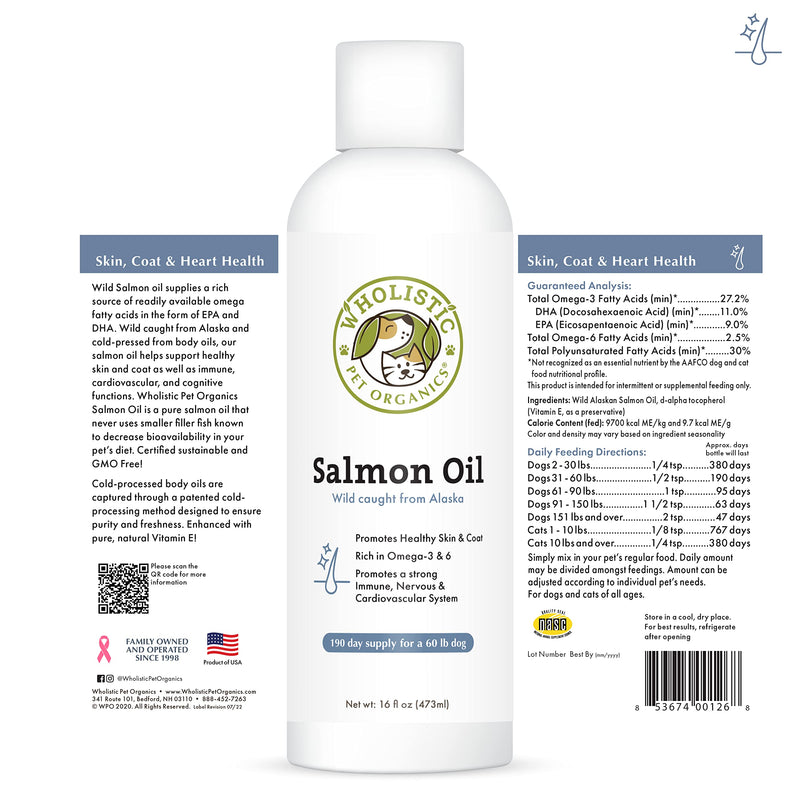 Wholistic Pet Organics Salmon Oil: Deep Sea Wild Alaskan Salmon Oil for Dogs - Omega 3 Dog Fish Oil with EPA and DHA for Skin, Coat, Heart and Nervous System Health 16 oz - BeesActive Australia