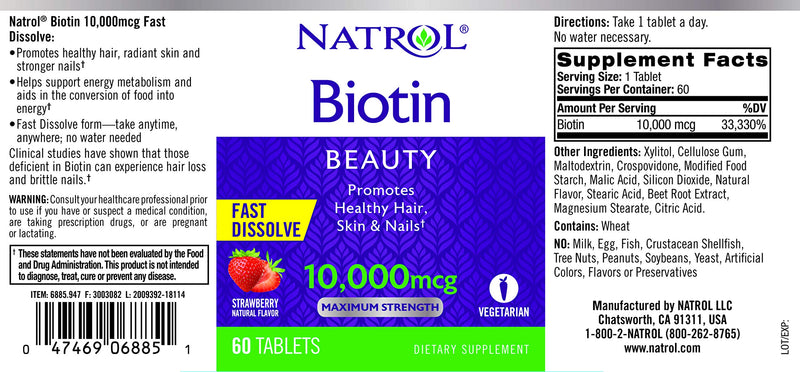 Natrol Biotin Beauty Tablets, Promotes Healthy Hair, Skin and Nails, Helps Support Energy Metabolism, Helps Convert Food Into Energy, 10,000mcg, 60Count, Strawberry 60 Count (Pack of 1) - BeesActive Australia