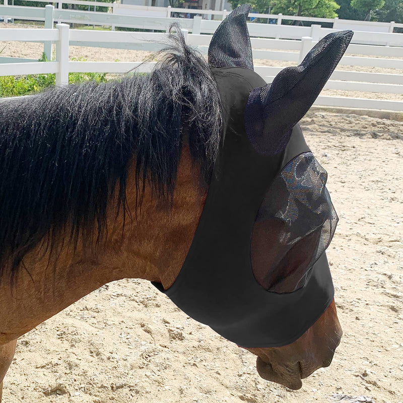 2 Pieces Horse Fly Mask, Horses Mask with Ears and Long Nose Protection, Smooth & Elasticity Lycra Fine Mesh Horse Head Cover with UV Protection Black,Gray L - BeesActive Australia