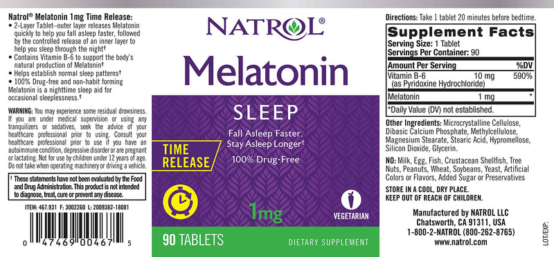 Natrol Melatonin Time Release Tablets, Helps You Fall Asleep Faster, Stay Asleep Longer, Strengthen Immune System, 100% Vegetarian, 1mg, 90 Count - BeesActive Australia