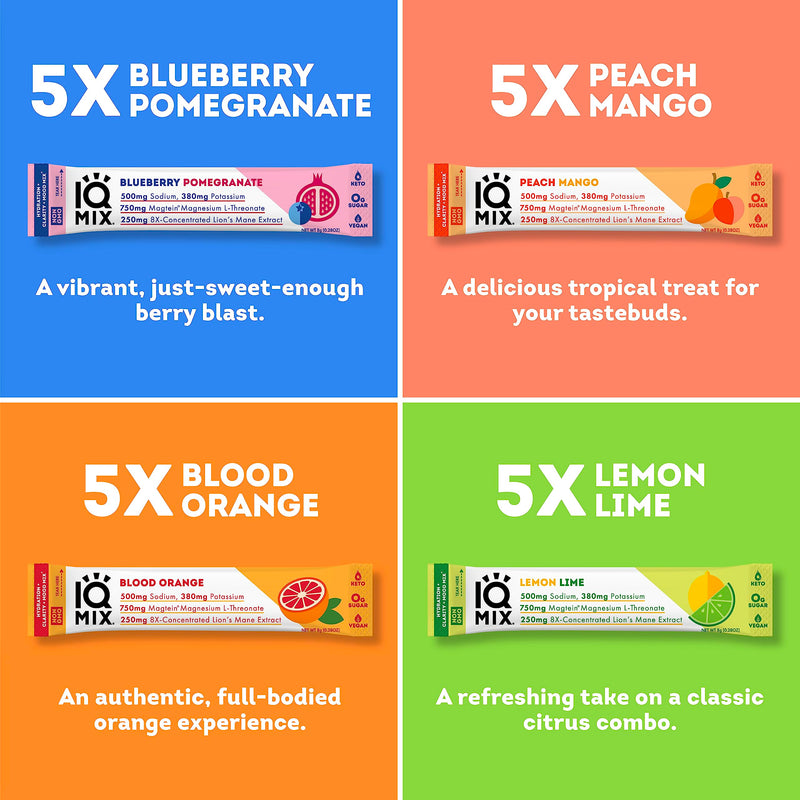 IQMIX Sugar Free Electrolytes Powder Packets - Hydration Supplement Drink Mix with Keto Electrolytes, Lions Mane, Magnesium L-Threonate, and Potassium Citrate - Variety Pack (20 Count) All Flavor Variety 20 Count (Pack of 1) - BeesActive Australia