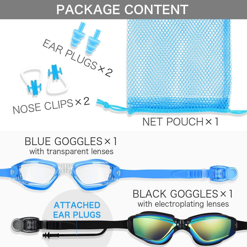 Elimoons Swim Goggles for Men Women, Swimming Goggles Anti Fog UV Protection, 2 Pack A.clear Blue+ Ultra Mirrored Black - BeesActive Australia