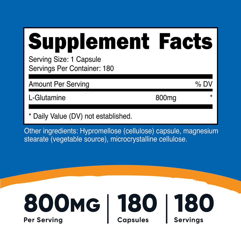 Nutricost L-Glutamine 800mg, 180 Capsules - Gluten Free, Non-GMO - BeesActive Australia