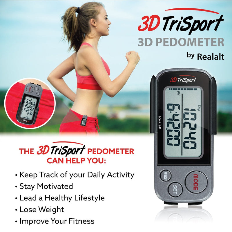 3DTriSport Walking 3D Pedometer with Clip and Strap, Free eBook | 30 Days Memory, Accurate Step Counter, Walking Distance Miles/Km, Calorie Counter, Daily Target Monitor, Exercise Time. Grey/Black - BeesActive Australia