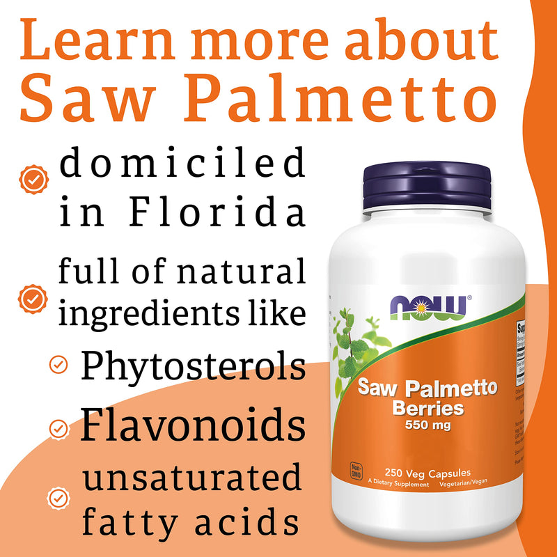 Now Foods, Saw Palmetto Berries, 550mg, 250 Vegan Capsules, Lab-Tested, Vegetarian, Gluten Free, SOYA Free, Vegetarian - BeesActive Australia