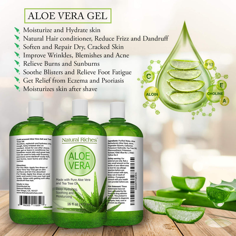 Aloe Vera Gel with Tea Tree oil for Face & Dry Skin Helps Cold Sores, Scars, Bug Bites, Sunburn, Razor Rash, Bumps Excellent DIY Body Lotion Skincare Moisturizer 16 oz. Natural Riches - BeesActive Australia