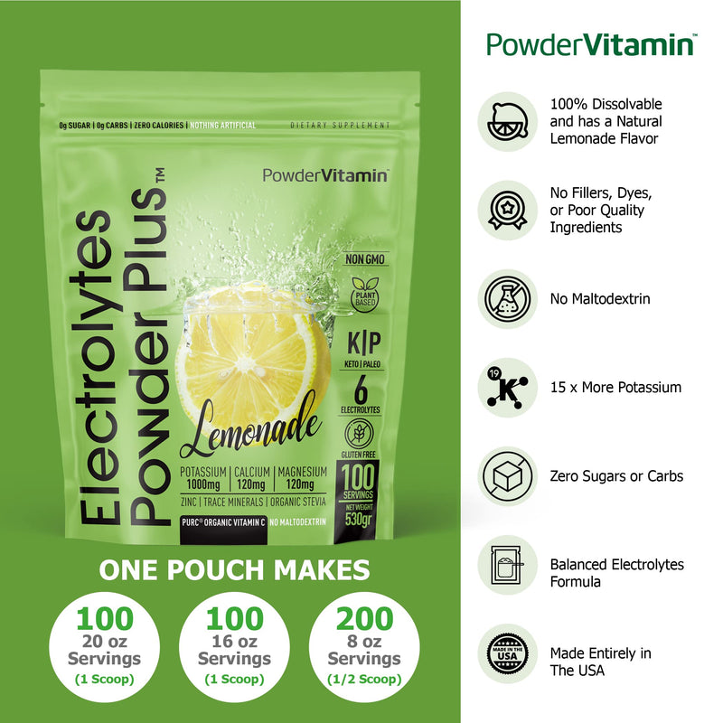 PowderVitamin Electrolytes Powder Plus Keto, Lemonade (100 Servings) 0 Sugar, No Maltodextrin,1000mg Potassium,120mg Calcium,120mg Magnesium,Organic Vitamin C,Zero Calories, Energy Hydration Powder - BeesActive Australia