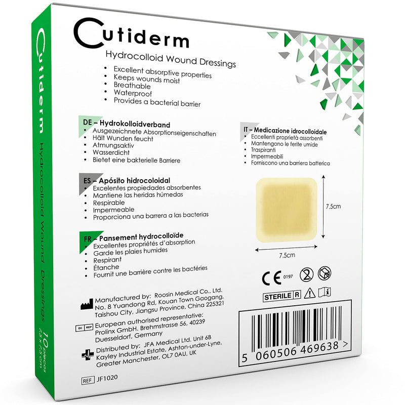 Pack of 10 Cutiderm Sterile Hydrocolloid Adhesive Wound Dressing 7.5cm x 7.5cm - Suitable for cuts, Scratches, grazes, Superficial and Partial Thickness Burns, Pressure sores, and venous Leg ulcers 7.5cm x 7.5cm (Pack of 10) - BeesActive Australia
