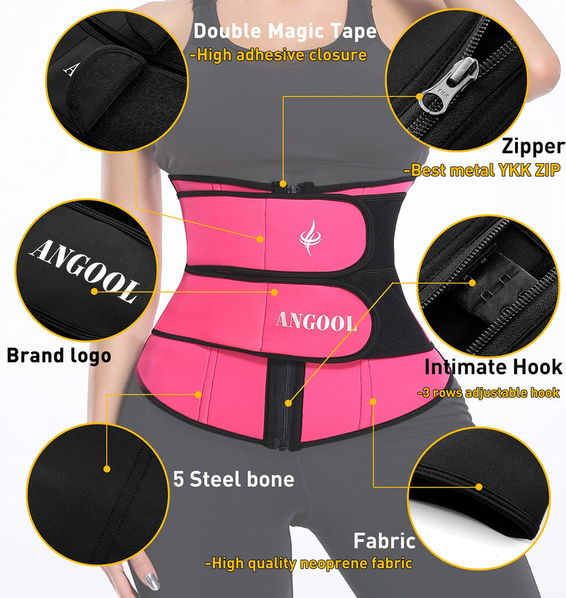ANGOOL Neopren Waist Trainer for Women,Workout Plus Size Trimmer Belt Sauna Sweat Corset Cincher with Zipper Pink Small - BeesActive Australia