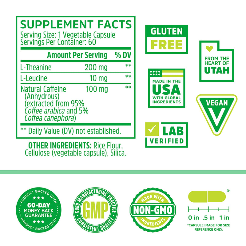 Zhou Natural Caffeine Pills 100mg with L-Theanine 200mg, Nootropic Supplement, Clean Energy, Endurance and MentalFocus, Non-GMO, Vegan, Gluten-Free, 60 Capsules - BeesActive Australia