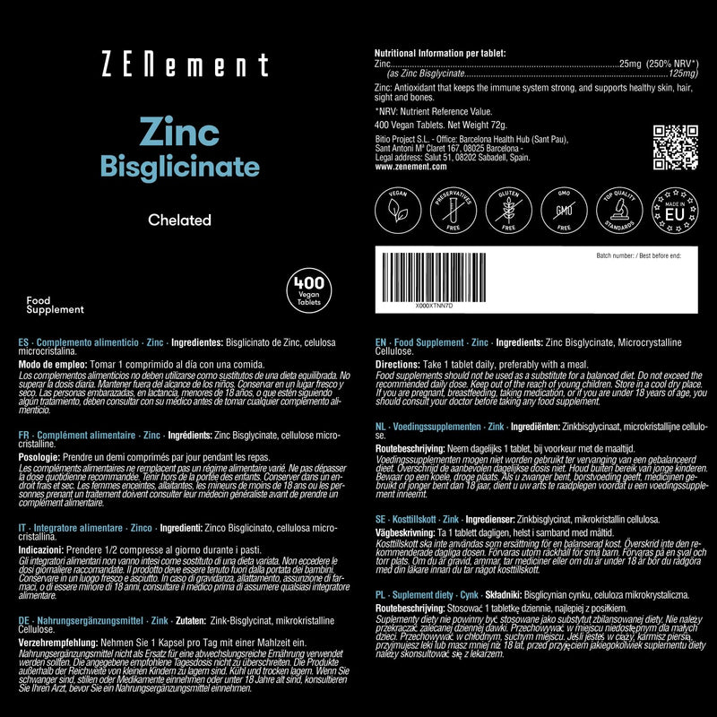 Zinc, 25mg (Bisglycinate), 400 Tablets | Chelated | Antioxidant, Supports The Immune System, Skin, Hair and Eyesight | Vegan | Zenement - BeesActive Australia