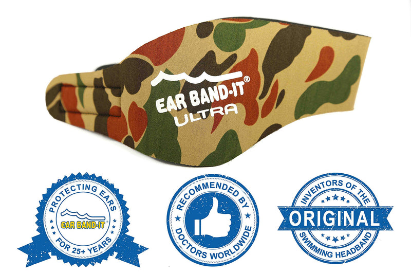 EAR BAND-IT Ultra Swimming Headband - Best Swimmer's Headband - Keep Water Out, Hold Earplugs in - Doctor Recommended - Secure Ear Plugs - Invented by ENT Physician Small (ages 3mo to 1yr) Camo - BeesActive Australia