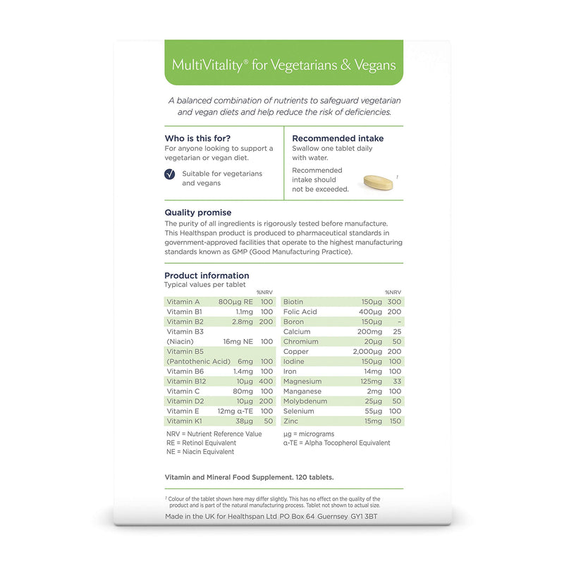 Healthspan Multivitamin for Vegetarians & Vegans (120 Tablets) | Promotes Immune Health and Energy Levels | Supports Bones, Teeth & Muscles | Includes Vitamins B12 & D, Calcium, Iron & Zinc | Vegan - BeesActive Australia